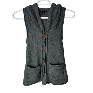 Banana Republic Womens XS Lambs Wool Sweater Vest Leather Buttons Hood Gray Knit
